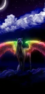 Majestic Pegasus with rainbow wings under a moonlit sky.