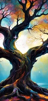 Mystical rainbow tree with vibrant colors and fantasy design.