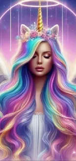 Mystical unicorn artwork with a rainbow mane and angelic wings against a pink background.