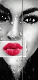 Mystical portrait with raindrop effect and vivid red lips.