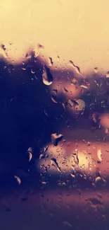 Raindrops on a window with orange and purple hues.