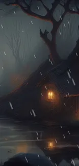 Mystical cabin in forest at night with rain and glowing lights.