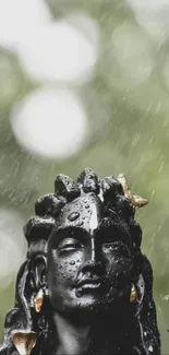 Rain-soaked black sculpture with a blurred natural background.