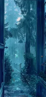 Misty forest pathway on a rainy day