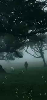 Mystical scene of a solitary figure walking in a rainy forest.