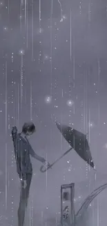 Animated figure with umbrella in a mystical rainy night scene wallpaper.