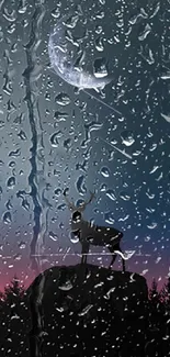 Silhouetted deer on a rainy night with a crescent moon backdrop.