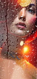 Mystical portrait with rain effect and vibrant red hues on wallpaper.