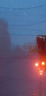 Rainy city street with glowing warm lights at night.