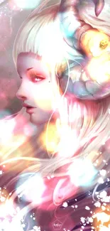 Mystical girl with ram horns in pastel art design.