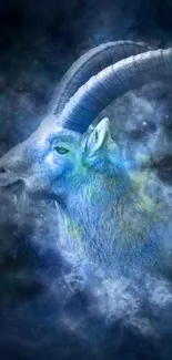 Mystical ram with cosmic clouds in dark blue hues.