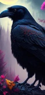 Mystical raven perched in colorful enchanted forest.