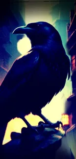 Majestic raven perched amidst urban twilight hues.