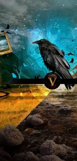 Mystical raven on surreal landscape with vibrant colors.