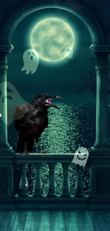 Raven perched under a full moon with roses and a gothic balcony.