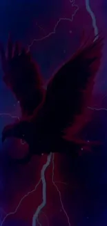 Dark silhouette of a raven against a vibrant blue and purple sky with lightning.