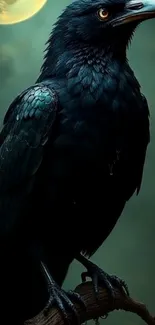 Imposing raven perched under a full moon in a dark, mystical scene.