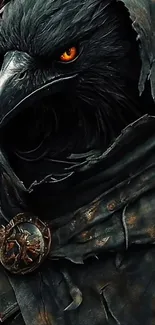 Mystical raven warrior with glowing orange eyes and detailed armor.