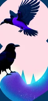 Mystical wallpaper with two ravens in vibrant colors.