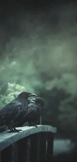 Two ravens on a bridge, mystical forest setting.