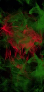 Red and green smoke swirling on a dark background.