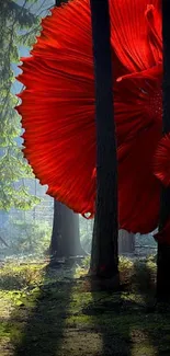 Vibrant red Betta fish in a mystical forest setting.