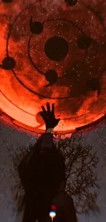 Red circle with hand reaching towards it on a dark, mystical background.