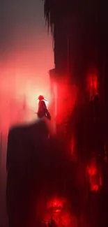 A mystical red cliff with a silhouetted figure exuding a fantasy aura.