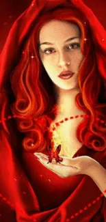 Mystical woman in red cloak with a butterfly.