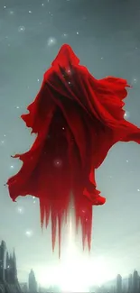 Mystical red cloak floating in a surreal landscape on phone wallpaper.