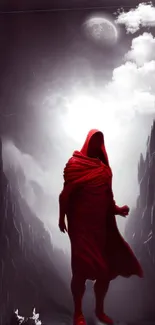 Red cloaked figure in a mystical mountain and cloud scene.