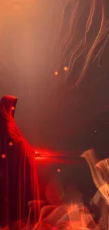 A red-cloaked figure stands in mystical ambiance.