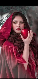 Woman in a red cloak holding an apple in a forest setting.