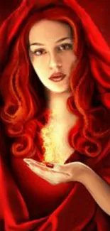 Mystical woman in red cloak with flames.