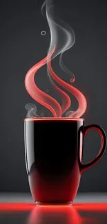 A black coffee cup with red swirling steam on a dark background.