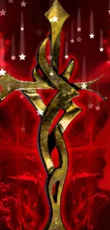 Mystical golden cross on red starry background.