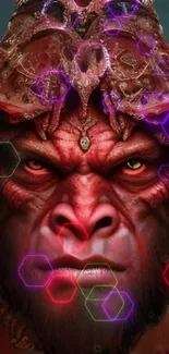 Red demon with glowing hexagons, mystical fantasy art.