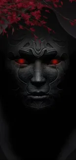 Dark themed wallpaper with mystical mask and glowing red eyes.