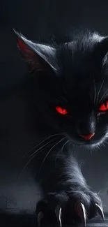 Black cat with red eyes on a dark background.