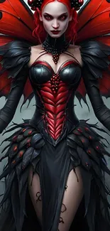 Red-winged fairy in black and red attire with ladybug elements.