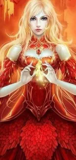 Fantasy character in red dress with magical glow and orange backdrop.