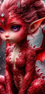 A mystical creature with red wings and intricate details for phone wallpaper.