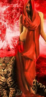 Mystical red wallpaper with hooded figure and leopard in enchanting landscape.