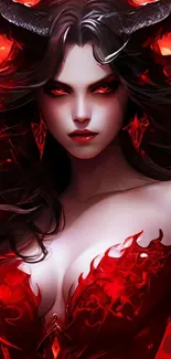 Fantasy woman with horns in red theme, captivating gaze.