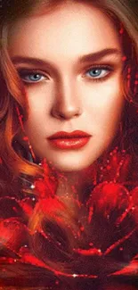 Mystical female portrait with red flowers.