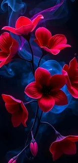 Mystical red flowers with blue smoke background wallpaper.