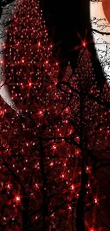 Mystical red forest wallpaper with glowing stars.