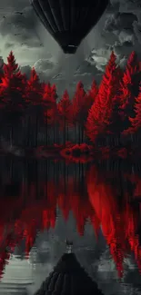 Red forest with hot air balloon reflected in lake under dark clouds.