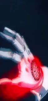 Mystical hand with red glow and mystical symbols in digital art style.