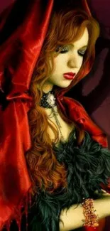 Mystical woman in red hooded cloak art wallpaper.